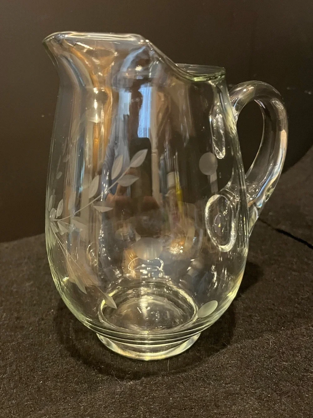 Vintage Clear Glass Pitcher with Delicate Etched Floral and Leaf Motif 4.5 Cup